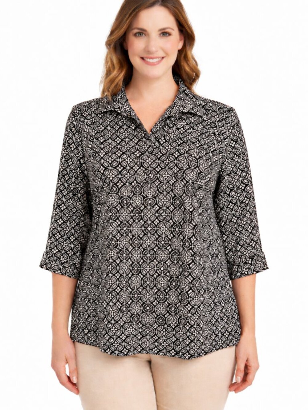 Talbots No-Iron Shirt Size 14W Geo Print Brown/Cream